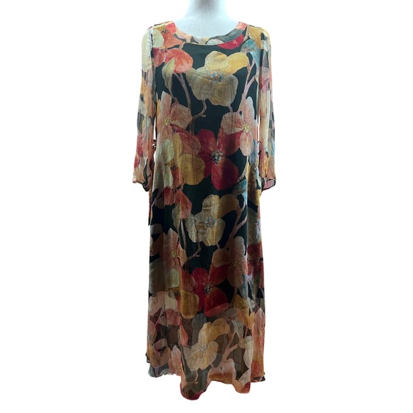 STYLEWE Dresses & Skirts - STYLEWE Floral Silk Maxi Dress with Removable Cape Sheer Long Sleeve Multi Color